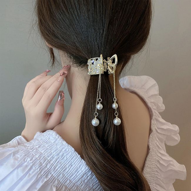 2 Pcs Rhinestone Hair Barrettes Pearl Hair Clips Ponytail Holder