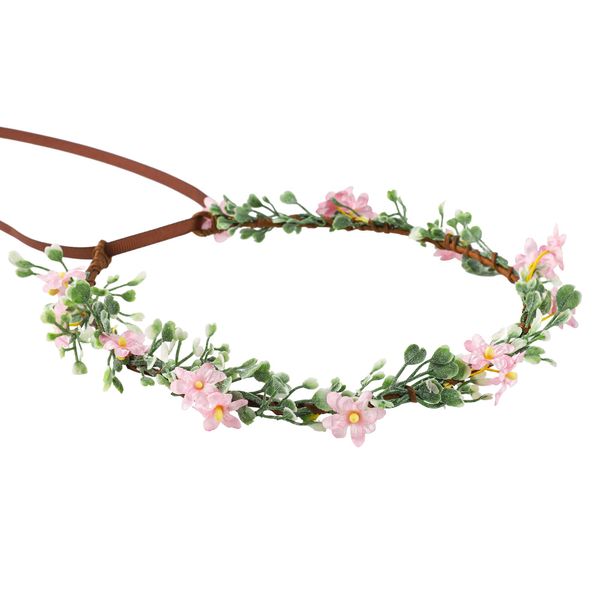 KorViSHOW Handmade Pink Flower Crown Girls Hair Wreath Bridal Flower Headband Green leaf Headpiece Flower Hair Accessories for Weeding Birthday Party Cosplay