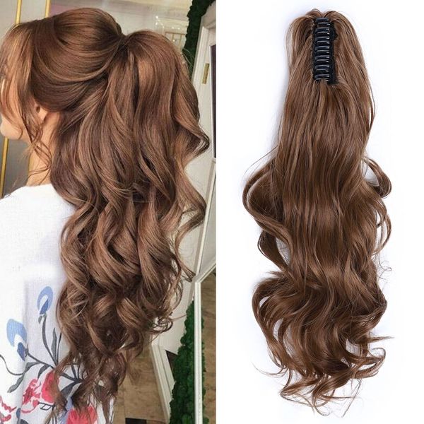 Fashion Ponytail Hair Extension Claw Curly Wavy Straight Clip in ponytail Hairpiece One Piece fake hair Ponytails for Women 18” Curly Light Brown