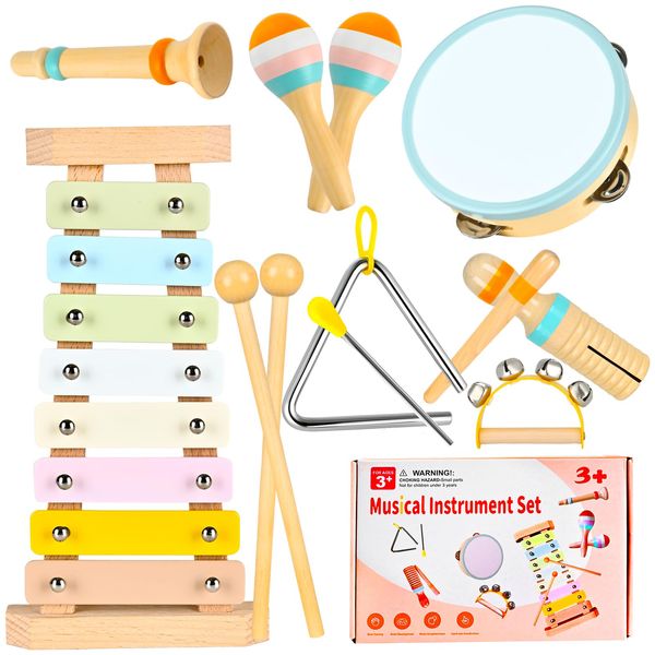 Baby Musical Instruments for Toddlers Montessori Toys, DUDUCOFU Wooden Musical Toys with 12 Pcs Percussion Instruments Early Learning Music Toys Gift for Kids Boys Girls