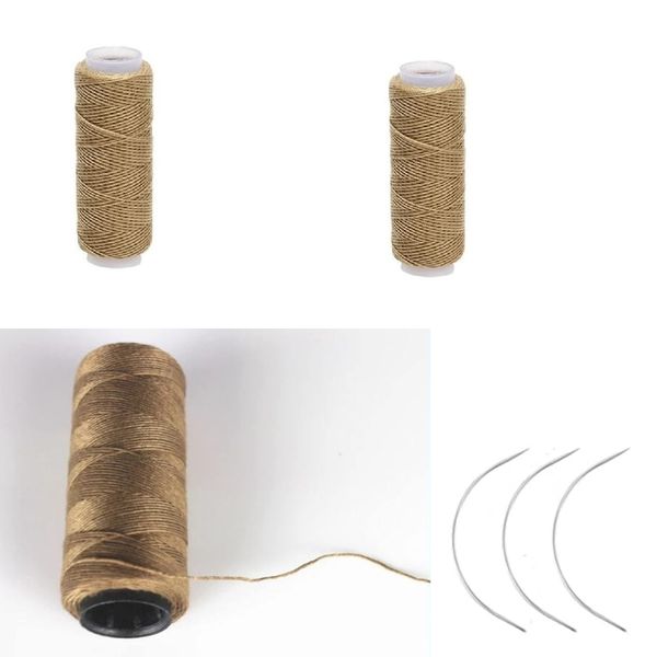 3 Rolls Cotton Sewing Thread Hair Weaving Thread Making Wig Hair Extension Hair Salon Weft Thread Black Brown Beige Thread with 3 Curved Needles (Khaki/3Pcs)