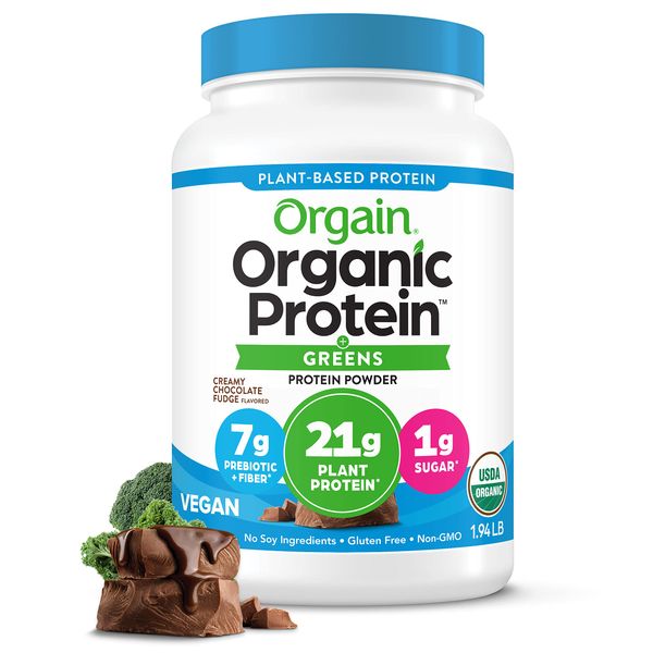 Orgain Organic Vegan Protein Powder + Greens, Creamy Chocolate Fudge - 21g Plant Based Protein, Gluten Free, Dairy & Lactose Free, Soy Free, No Sugar Added, Iron & Prebiotics for Gut Health - 1.94lb