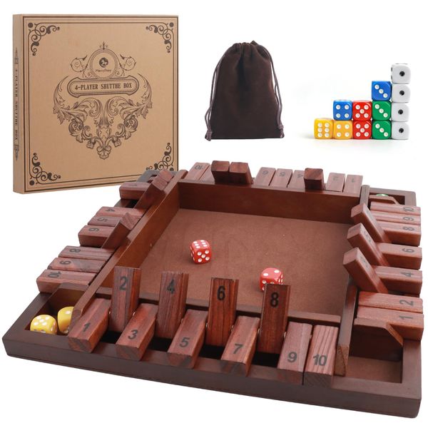 MerryPony Shut The Box Game Wooden 4 Player, 12 Inch Close The Box Game Wooden Board Games with 12 Dice, Table Math Games Number Games Dice Games for Families, Classroom, Party or Pub