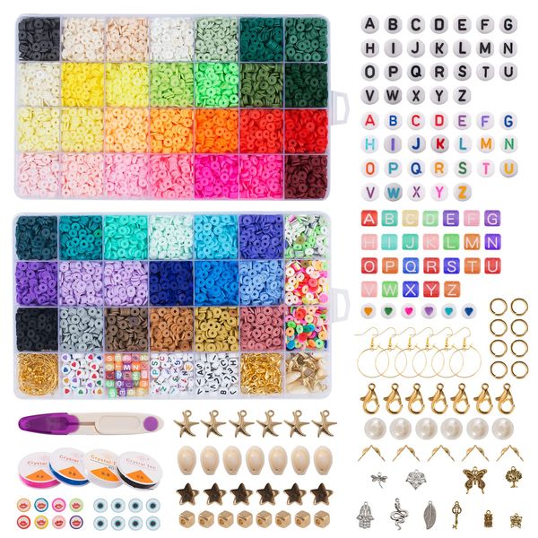 Pearabbit 12870 Pcs Clay Beads for Bracelet Necklace Jewelry Making Kit, Polymer Flat Round Beads with Elastic Strings Pendant Charms Set