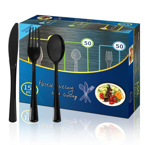 150Stück Wiederverwendbaren PlastikBesteck Set,BPA Frei,Hat Den LFGB Lebensmittel Sicherheitstest Bestanden,50 PlastikLöffel,Messer und Plastikgabeln,für Familienfeiern,Outdoor Dinner(Schwarz)