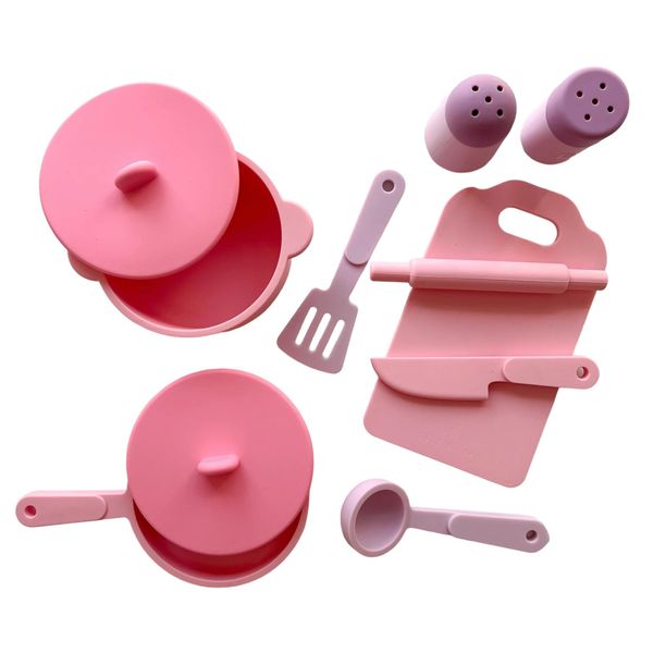 Kids Kitchen Silicone Pretend Toys- 9pcs Play Kitchen Accessories Set with Cookware -Food Grade Silicone -Kids Toy Kitchen Accessories – Pretend Play Kitchen Toy Set for Cooking-Pink