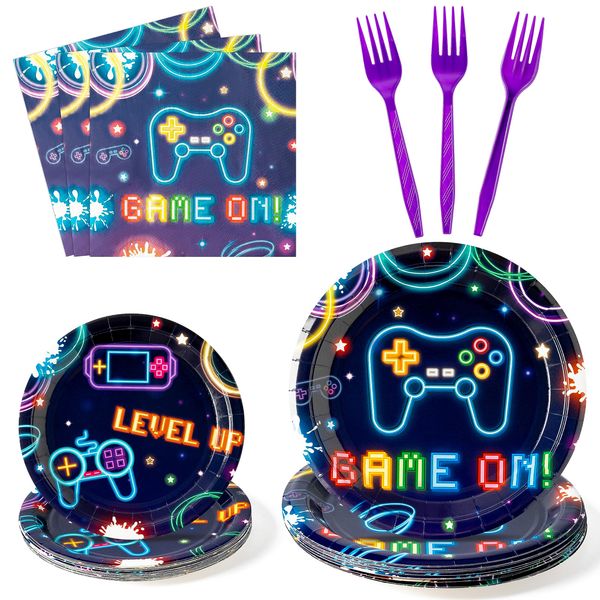 G1ngtar 96Pcs Video Game Party Plates Supplies Neon Game On Party Tableware Decorations Glow In The Dark Cool Disposable Paper Plates Napkins Forks for Kids Birthday Baby Shower, Serves 24 Guests