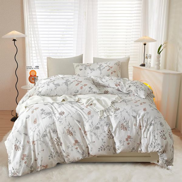 EAVD Girls Floral Duvet Cover Twin Soft White Cotton Tree Branches Floral Bedding Set with 2 Pillowcases Fresh Chic Garden Botanical Duvet Cover with Zipper Closure 4 Ties