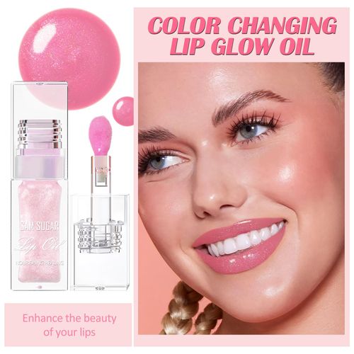 Prreal Color Changing Lip Oil, Shimmer Lip Glow Oil with Big Brush, Hydrating Temperature Color Change Lip Gloss Lip Balm, Long-Lasting Lip Oil Tinted for Lip Care
