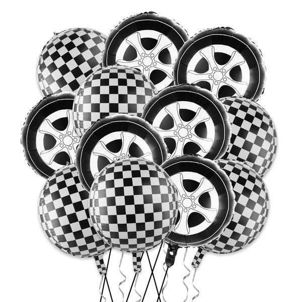 12 Pieces Black and White Checkered Balloons, Race Car Balloons Car Wheel Balloons Tire Balloons Aluminum Foil Checkered Flag Balloons for Racing Theme Birthday Party Decoration Supplies 18 Inch