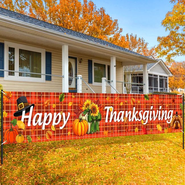 Happy Thanksgiving Banner Outdoor Decorations Large Thanksgiving Pumpkin Turkey Maple Leaves Plaid Happy Thanksgiving Yard Banner for Fall Themed Thanksgiving Party Indoor Outdoor Decorations Supplies