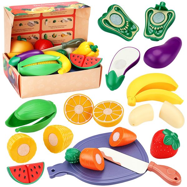 Deejoy 26pcs Pretend Food Play Food Cutting Set For Kids,Cuttable Fruits And Vegetables Toy Kitchen Accessories With Knives And Cutting Board,Educational And Birthday Gift For Toddlers,Kids,Boys,Girls