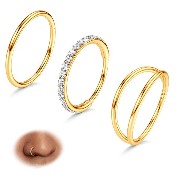 BodyBonita 20G Gold Nose Rings Hoops - 3pcs Surgical Steel Double Hoop Nose Rings Hinged CZ Conch Piercing Jewelry Septum Clicker Lip Rings Cartilage Earring Helix Rook Tragus Daith 7mm