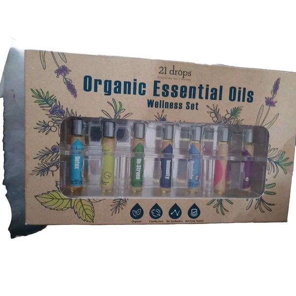 21 Drops Organic Essential Oils Wellness Set 7 Blends, 8 ml (.27 fl. oz.)