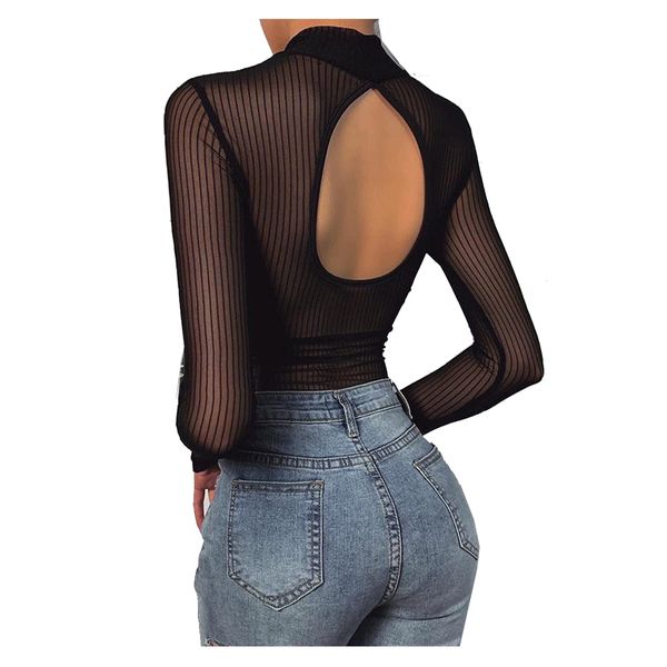 Yu Yu Million Women's Bodysuit Tight Long Sleeve Sexy See-Through, Sheer, Black, See-through, Slimming, Tulle Inner Sheer, Tops, Black