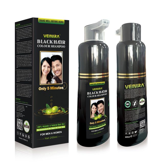 VEINIRA: Herbal Quick Hair Colour Shampoo, Instant Dye for Men And Woman. Just Natural Ingredients, No Ammonia, No Stain On Skin. Fast & Easy Black (200ml) (Black) (Black Bottle)