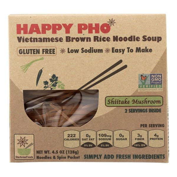 Vegan Gluten Free Happy Pho Meal Kit Shiitake Mushroom - 2 Servings, 4.5 Oz. Per Box, Case of 6 Boxes, Meal Kits, Pho Noodles Vietnamese, Rice Noodles, Vegan