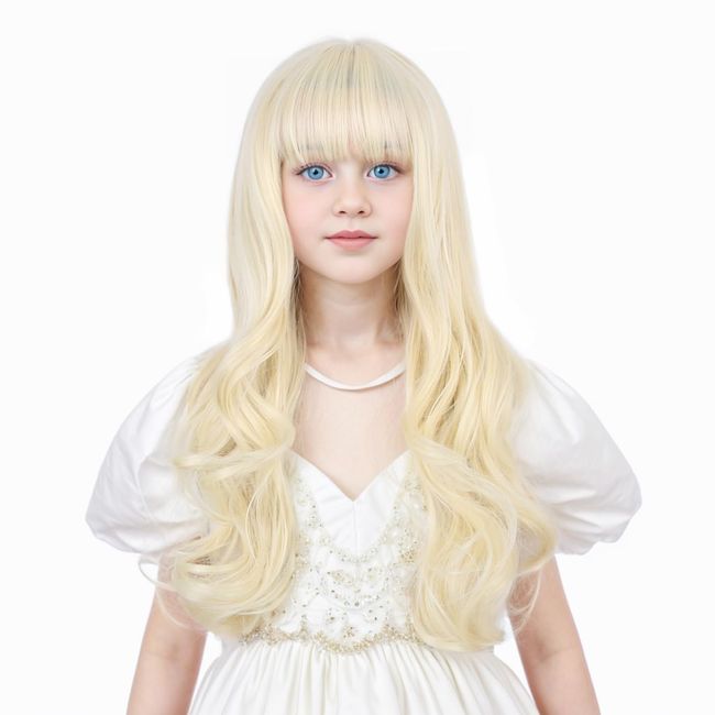 Ufindcos Light Blonde Wig for Kids Long Wavy Curly Blonde Hair Wig for Child Blonde Wig with Bangs for Girls Natural Synthetic Wig with Wig Cap