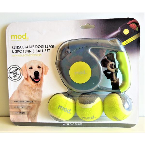 15ft Retractable Dog Leash & 3pc Tennis Ball Set with Reflective Stickers