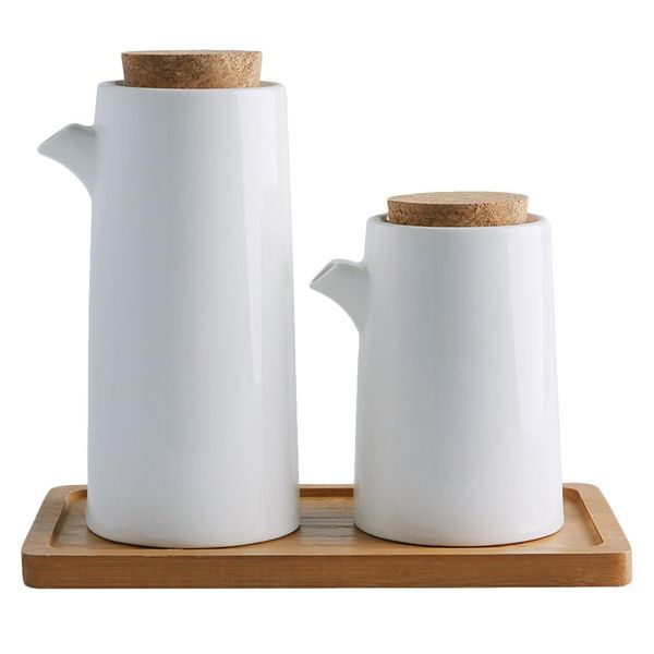 Housoutil Oil and Vinegar Dispenser Bottle Set, White Ceramic Olive Oil or Soy Sauce Dispenser Set for Kitchen, Procelain Oil Dispenser Cruet, Ceramic Liquid Condiment Dispenser of 2 with Tray