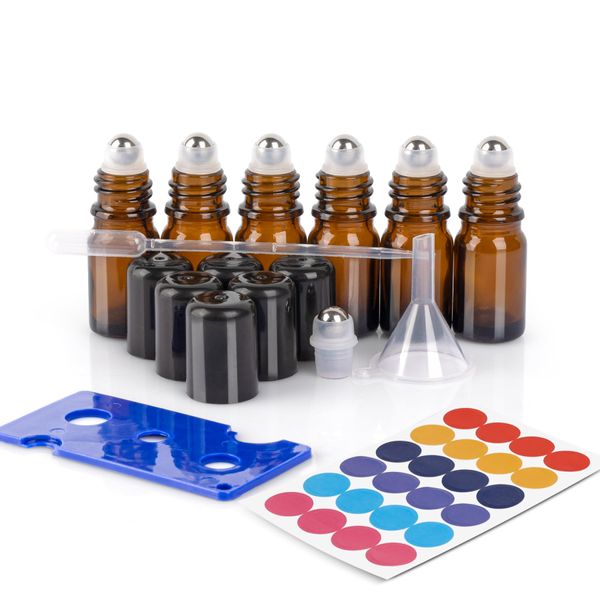 ComSaf 5ml Ätherische Öle Roller Glasflaschen, 6er Set Anti-UV Leer Glas Roll-on, Roll On Ätherische Öle, Roll On Flasche Leer, Pipette, Rollon Flaschen für Öle, Massage, Doterra Ätherische Öle