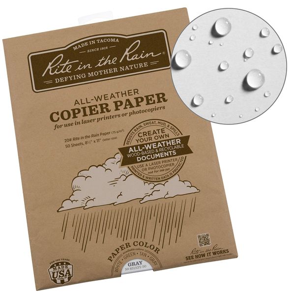 Rite in the Rain Weatherproof Laser Printer Paper, 8 1/2" x 11", 20# Gray Colored Printer Paper, 50 Sheet Pack (No. 8511GY-50)