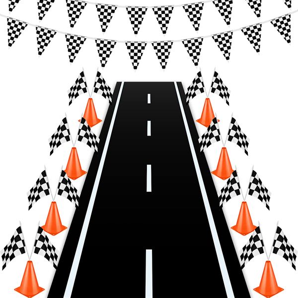 Remagr 22 Pcs Race Car Birthday Party Supplies Racetrack Floor Running Mat Checkered Racing Pennant Banner Black and White Flags on Sticks, Mini Orange Sports Safety Cones for Halloween Racing Party