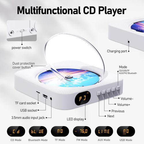 MICOCIOUS Bluetooth Portable Home CD Music Player with Remote Control, Timer, Built-in Speakers and LED Display - FM Radio Boombox (White)