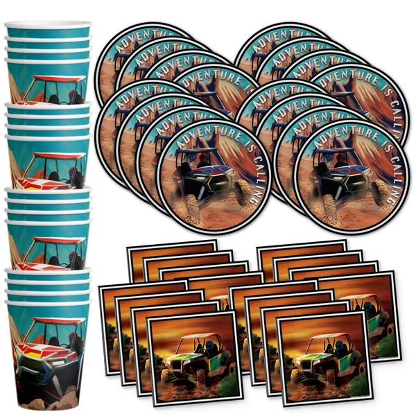 ATV Birthday Party Supplies Set - 4 Wheeler Birthday Party - Offroad Party Supplies - Racing Birthday Party Supplies | ATV Tableware Set includes Plates, Napkins and Cups | Kit for 16