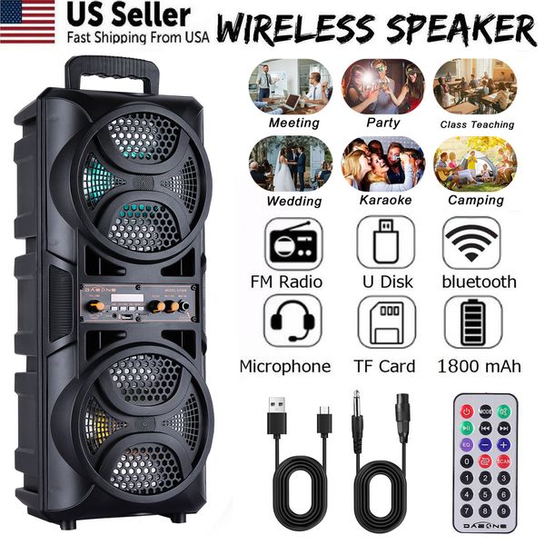 3000W Dual 6.5'' Subwoofer Bluetooth Speaker System Portable Party LED Lights FM