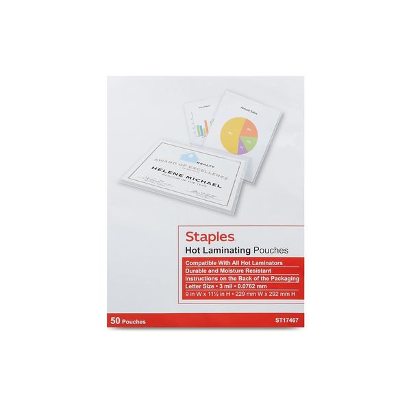 Staples Letter Size Thermal Laminating Pouches, 3 mil, 50 Pack