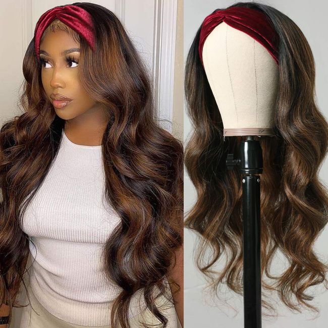 Nadula Hair FB30# Highlights Honey Brown Ombre Body Wave Headband Wigs Human Hair None Lace Front Wig For Black Women, Brazilian Body Wave Headband Wig Balayage Highlights Wig 150% Density (24inch)
