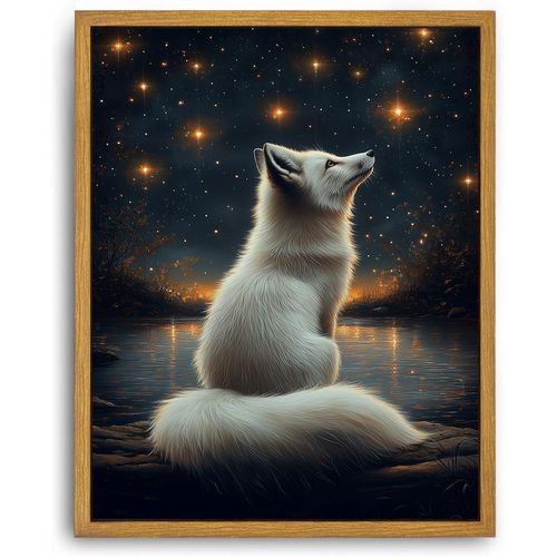 Djmwtb White Fox Framed Wall Art Starry Night Canvas Wall Art Nature Landscape Art Prints Woodland Animal Pictures Painting Wall Decor Artwork for Living Room 12x16in