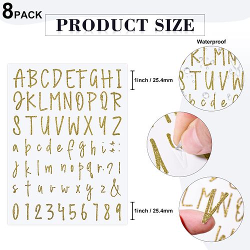 552 Pieces 8 Sheets Letter Stickers Self Adhesive Vinyl Alphabet Number Stickers Waterproof Mailbox Number Label Decals for DIY Crafts Window Door Car Sign Scrapbook Classroom Decor(1 Inch,Gold)