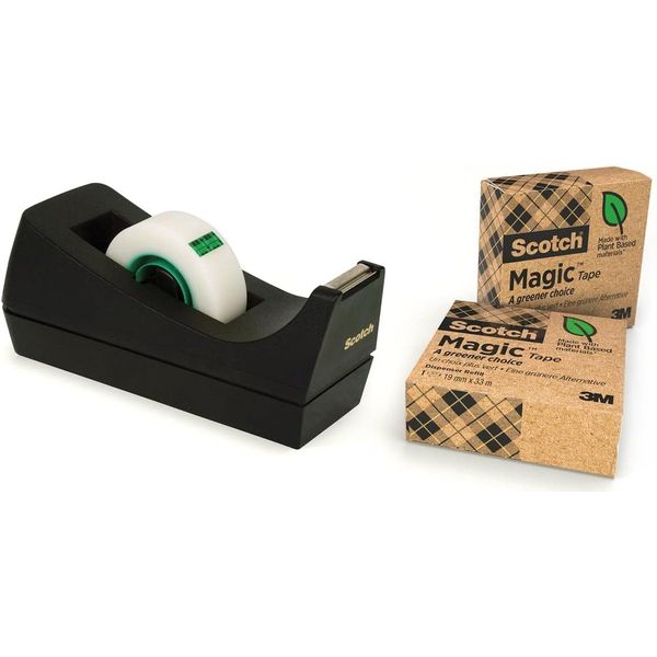 Scotch Magic Tape Dispenser - 100% Recycled Plastic Dispenser - Black - Includes 3 Rolls of Scotch Magic Invisible Tape A Greener Choice 19mm x 33m - Ideal For School, Home And Office