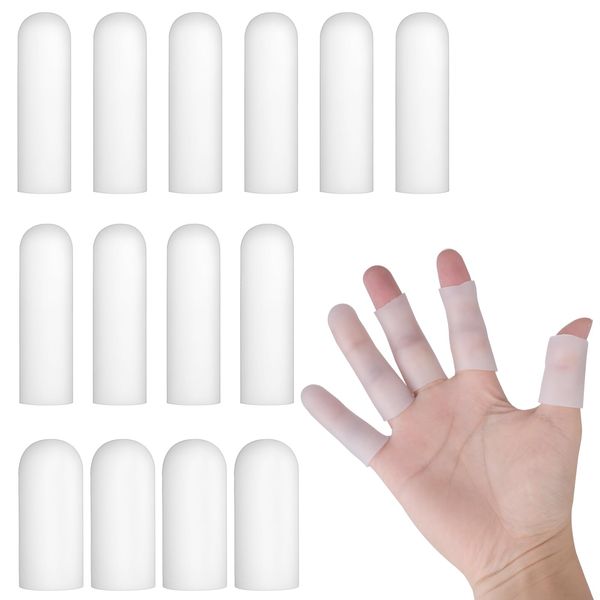 Piriuuo 14 Pcs Silicone Finger Protectors, Waterproof Finger Cots Gel Finger Sleeves for Dry Skin Finger Stall Finger Covers for Finger Cracking, Blisters, Eczema, Arthritis(2 Size, White)