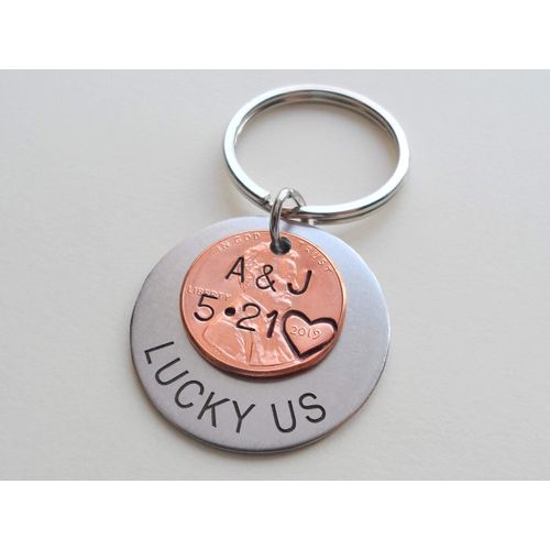Custom Hand Stamped Personalized Penny Keychain With Steel Disc & Other Options, Anniversary Gift, Husband Wife Key Chain, Boyfriend Girlfriend Gift, Customized Couples Keychain