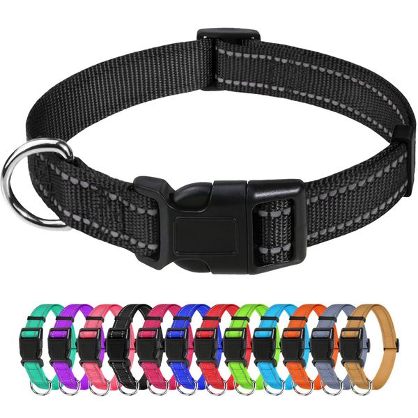 TagMe Reflective Nylon Dog Collars, Adjustable Classic Dog Collar with Quick Release Buckle for Small Dogs, Black, 1.5 cm Width