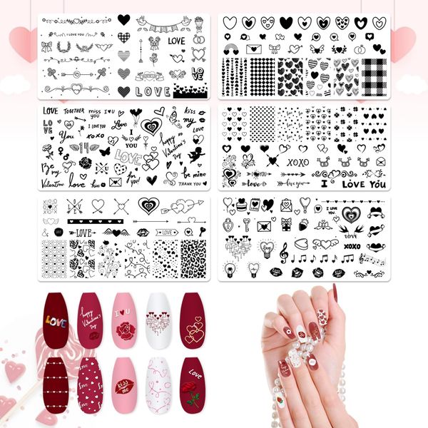 ALIBBON 6 Pcs Valentine's Day Nail Stamping Plates Set, Heart Bankground Nail Art Stamp Templates, Love Words Stamp Templates Kit, Valentines Metal Nail Plates for DIY Printing Decor 4.7×2.4"