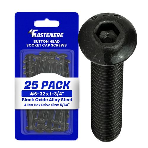 Fastenere Button Head Socket Cap Screws - 6-32 x 1-3/4" (25-Pcs) Alloy Steel, Fully Threaded, Fine Black Oxide Finish, Corrosion-Resistant, Machine Thread, Easy to Install w/Allen Hex Drive