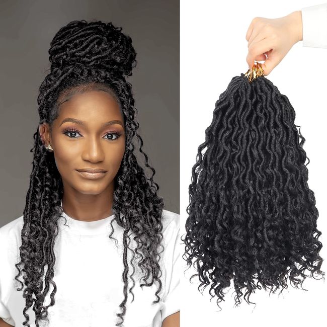 Beyond Beauty Goddess Locs Häkelhaar Pre Looped Curly Goddess Faux Locs Häkelhaar für schwarze Frauen Welliges Häkeln mit lockigem Haar in der Mitte und an den Enden Synthetische (7Packs-14Inch, 1B)