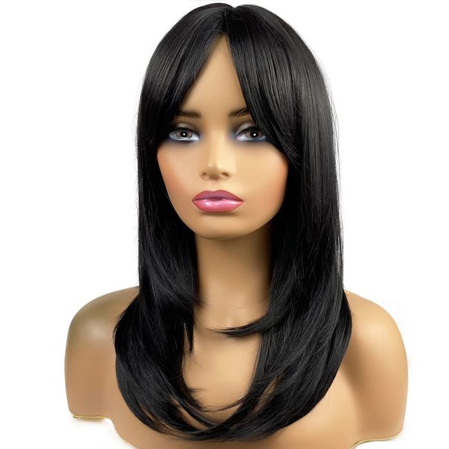 MIMISERVICE Long Black Wigs for Women,Black Wigs with Bangs Layered Shoulder Length Synthetic Wig for Daily Party (20 inch)