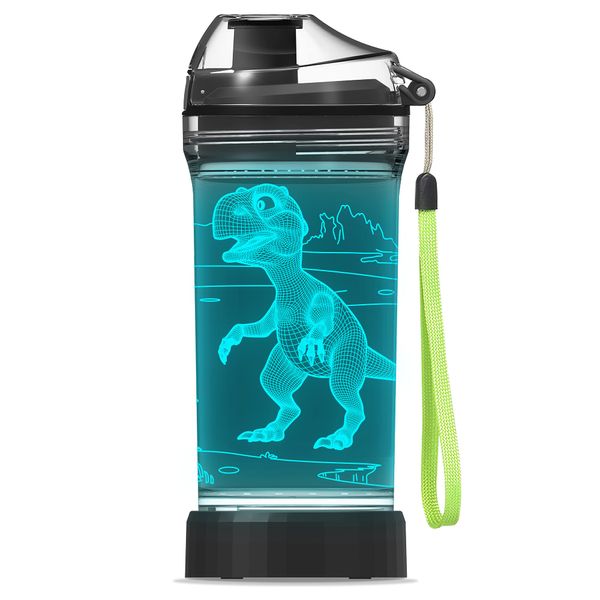 YuanDian Dinosaur Gifts, Light Up Boy Water Bottle with 3D Dino T Rex Design- 14 OZ Tritan BPA Free Eco-Friendly - Cool Drinking Cups Gift for School Kids Boy Girl Child Dinosauria Lovers