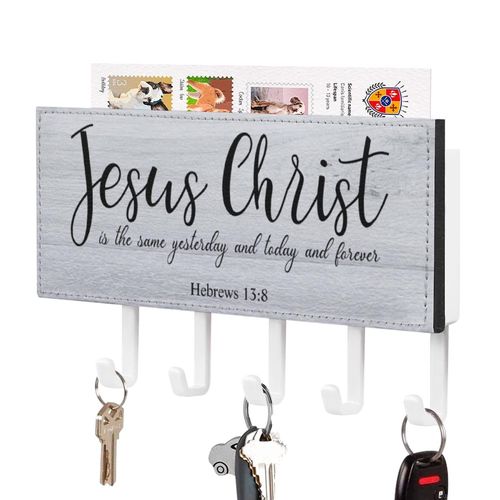 Jesus Christ is The Same Yesterday Key Holder Wall Mount Key Hooks Christian Quote Self Adhesive Key Organizer Retro Home Decor for Entryway Mudroom Kitchen Home 7x4 inch