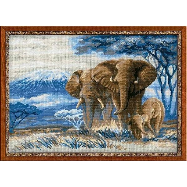 RIOLIS 1144 - Elephants in the Savannah - Counted Cross Stitch Kit 15¾" x 11¾" Zweigart 14 ct. Flaxen AIDA 20 Colors