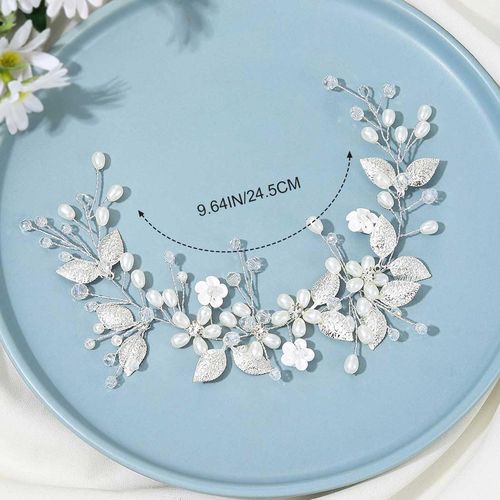 Gorais Pearl Bride Wedding Hair Vine Silver Leaf Bridal Headband Flower Hair Pieces Hair Accessories for Women and Girls