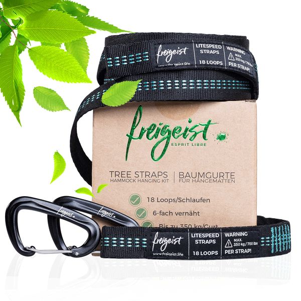 freigeist® Hängematte Befestigung | kinderleichte Aufhängung | All Inclusive 2 Hängematte Gurte + 2 Karabiner + Transportbeutel | Seil