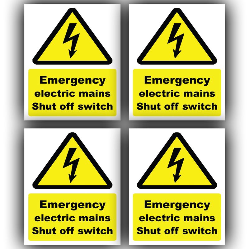 4 Pack - Emergency Electric Mains Shut Off Switch Sticker - 110mm x ...