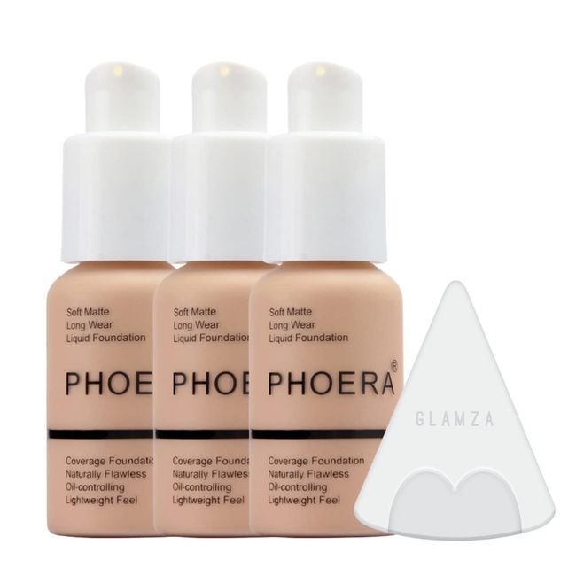 Glamza Phoera Foundation Full Coverage Makeup Set - 24hr Long Lasting Oil Control - Soft Smooth Matte Flawless Concealer Cream - Inc x3 30ml Foundation & Silicone Blender Sponge (103 Warm Peach)