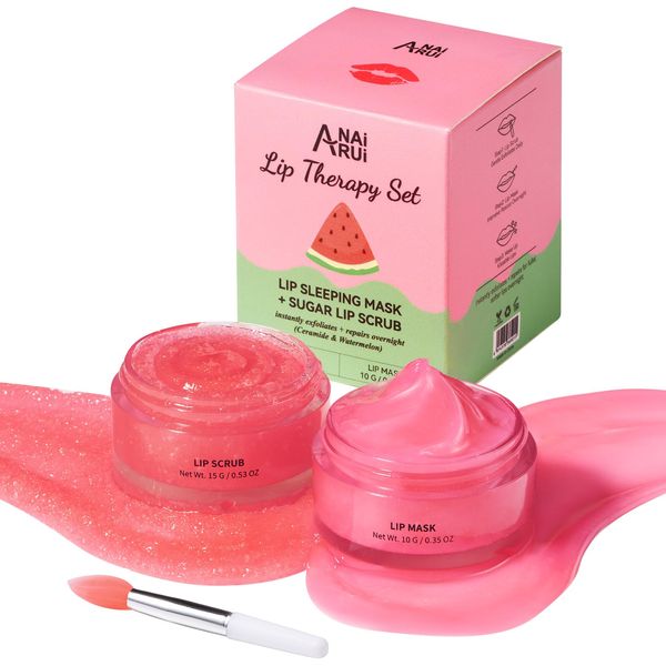 ANAiRUi Lip Scrub and Balm Set, Ceramide & Wassermelone Lip Night Sleeping Mask, Lip Exfoliating Scrub, Lip Care Gift Set für trockene, rissige und schälende Lippen, Geschenk zum Muttertag